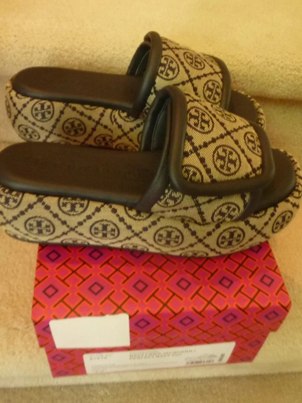 Tory Burch Navy Logo Jacquard Bubble Slides
